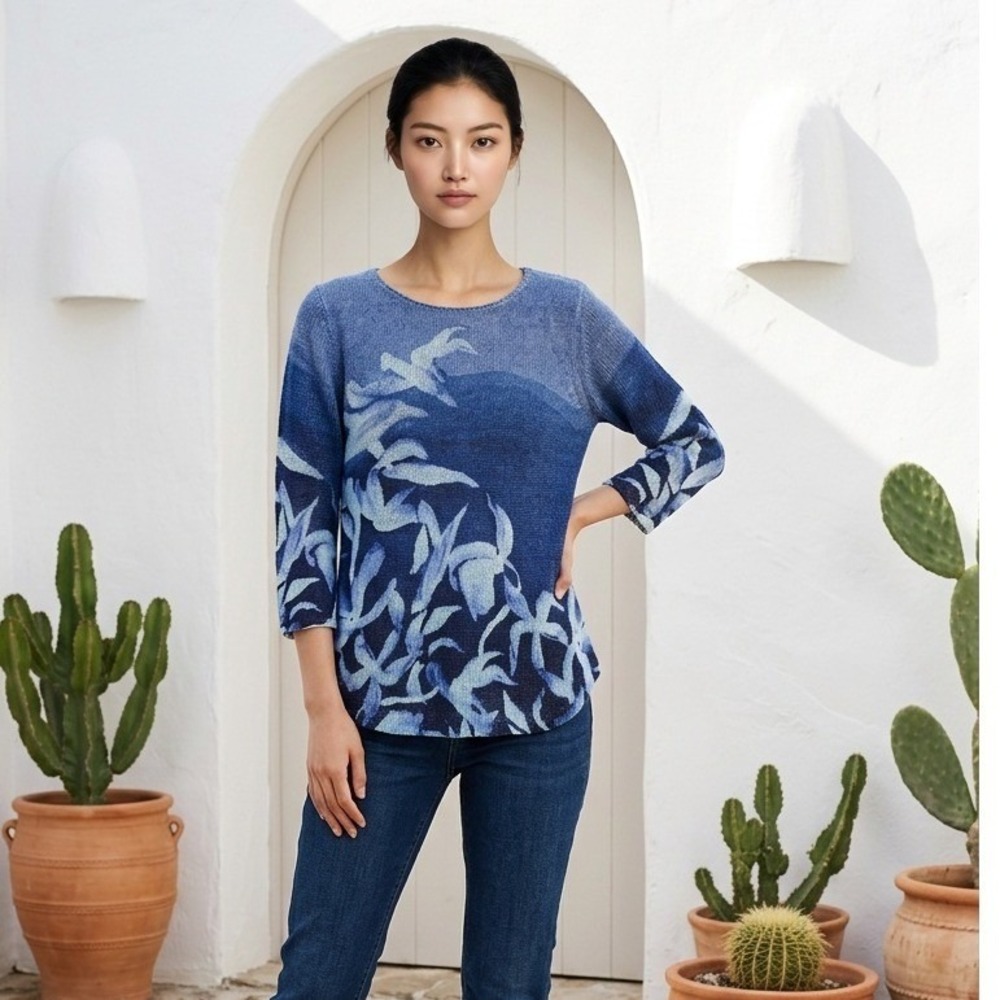 Chico's 1 Blue Floral Ombre Linen Blend 3/4 Sleeve Sweater Women Medium